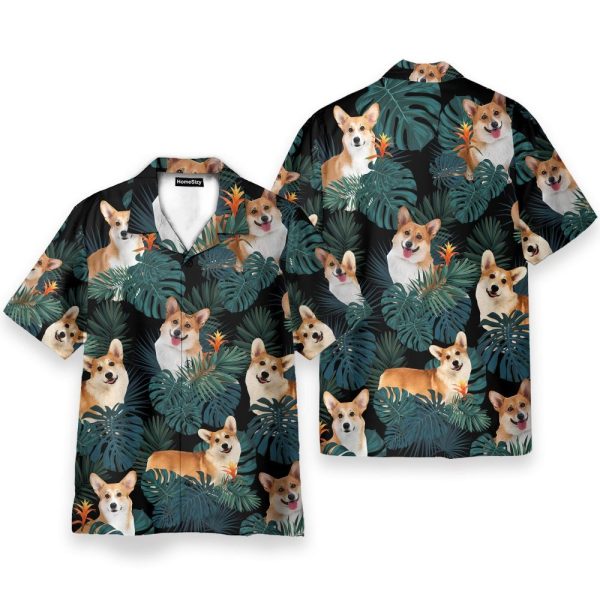 Lovely Corgi In Tropical Green Leaves Hawaiian Shirt