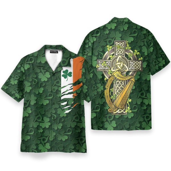 Saint Patrick'S Day Shamrock Celtic Cross Harp Irish Hawaiian Shirt