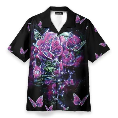 Color Splash Skull And Butterfyies Purple Hawaiian Shirt