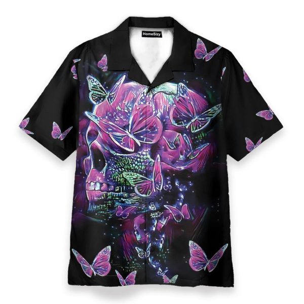Color Splash Skull And Butterfyies Purple Hawaiian Shirt