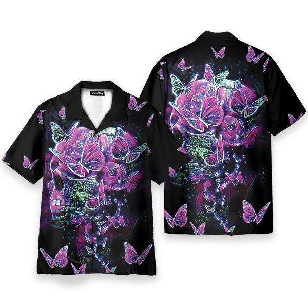 Color Splash Skull And Butterfyies Purple Hawaiian Shirt