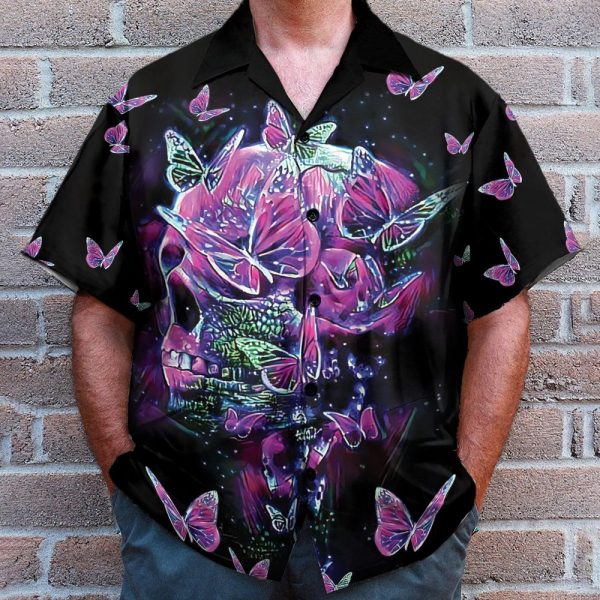 Color Splash Skull And Butterfyies Purple Hawaiian Shirt