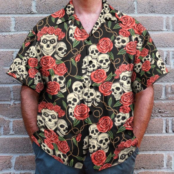 Skull Roses Men'S Button'S Up Shirts Hawaiian Shirt