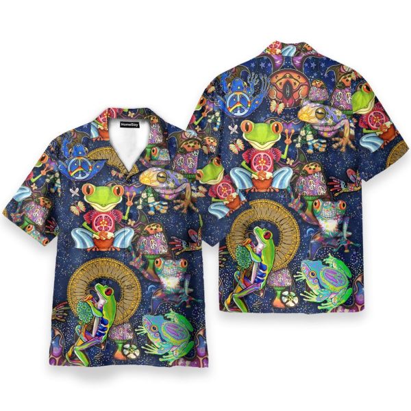 Vintage Hippie Mushrooms And Frogs Hawaiian Shirt