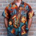 Saxophone Fire Flame Men'S Button'S Up Shirts Hawaiian Shirt
