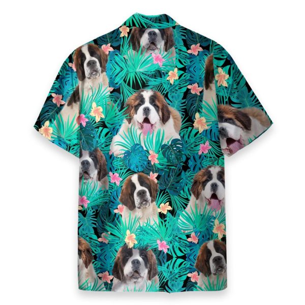 Saint Bernard In Tropical Green Leaves Hawaiian Shirt