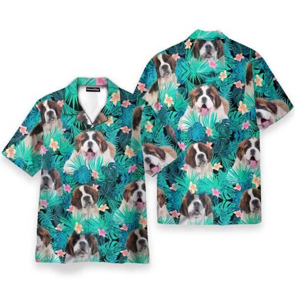 Saint Bernard In Tropical Green Leaves Hawaiian Shirt