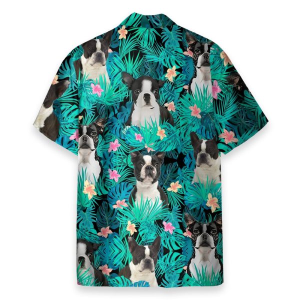 Boston Terrier In Tropical Green Leaves Hawaiian Shirt