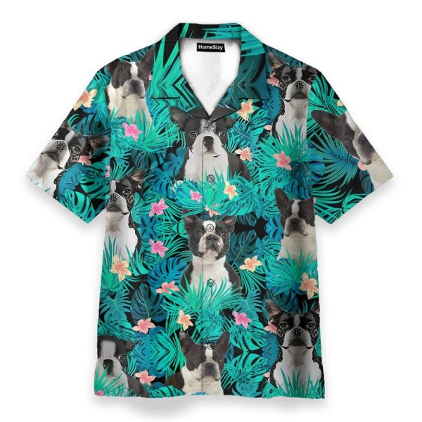 Boston Terrier In Tropical Green Leaves Hawaiian Shirt