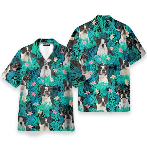 Boston Terrier In Tropical Green Leaves Hawaiian Shirt