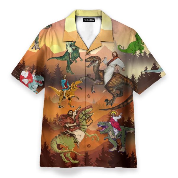 Jesus Rides A Dinosaur Men'S Button'S Up Shirts Hawaiian Shirt