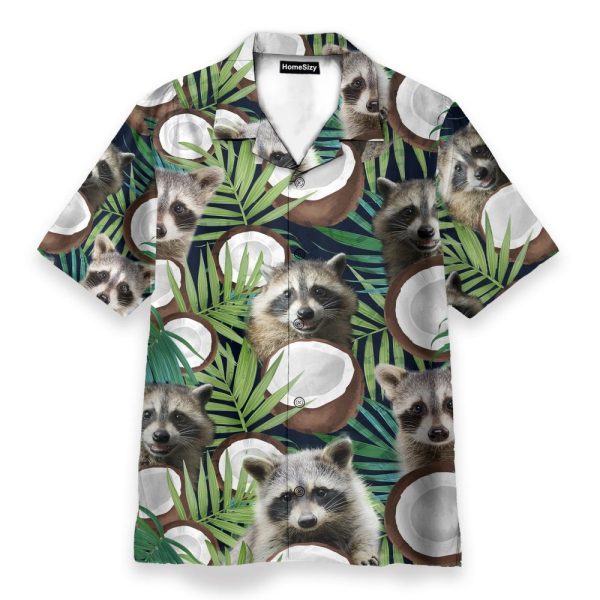 Raccoon With Coconut In Tropical Green Leaves Hawaiian Shirt
