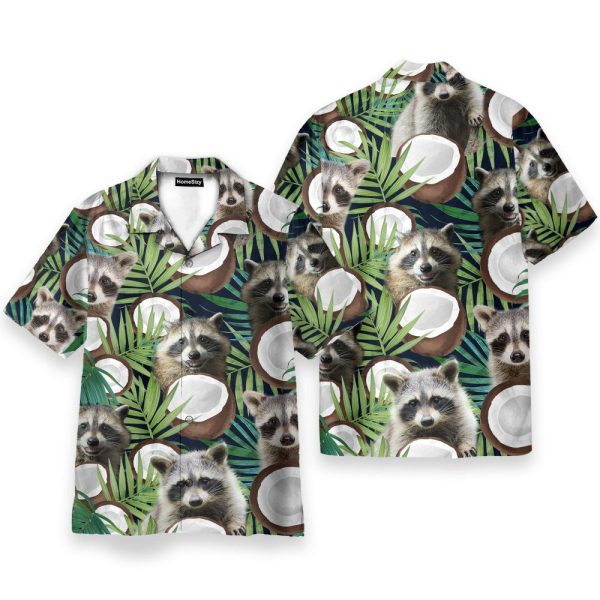 Raccoon With Coconut In Tropical Green Leaves Hawaiian Shirt