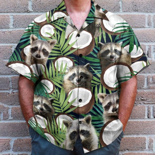 Raccoon With Coconut In Tropical Green Leaves Hawaiian Shirt