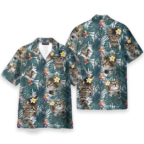 Cute Little Cat Tropical Leaves Pattern Hawaiian Shirt