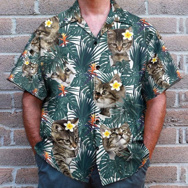 Cute Little Cat Tropical Leaves Pattern Hawaiian Shirt