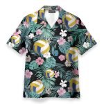 Volleyball Tropical Leaves Pattern Hawaiian Shirt & Beach Shorts