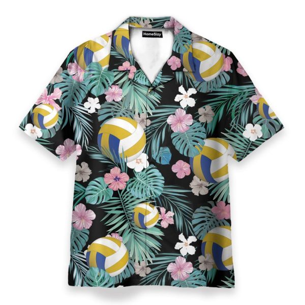 Volleyball Tropical Leaves Pattern Hawaiian Shirt & Beach Shorts