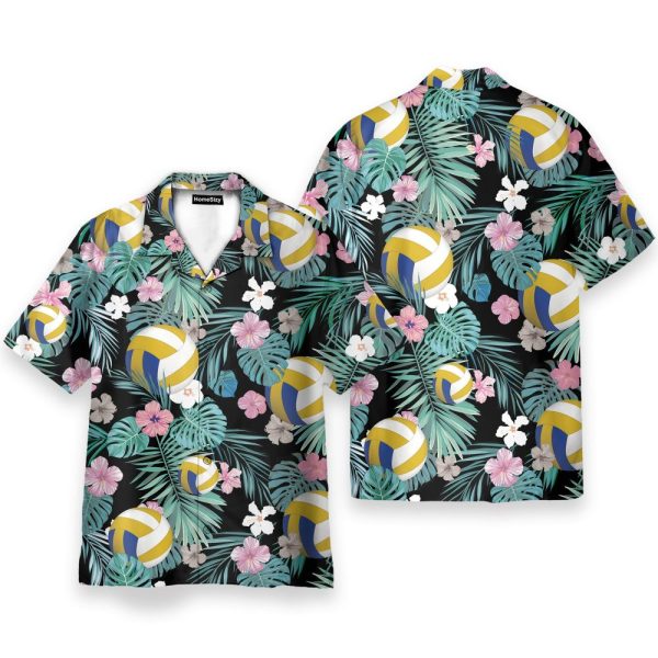 Volleyball Tropical Leaves Pattern Hawaiian Shirt & Beach Shorts