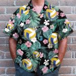 Volleyball Tropical Leaves Pattern Hawaiian Shirt & Beach Shorts