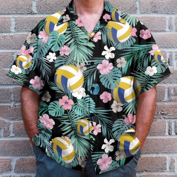 Volleyball Tropical Leaves Pattern Hawaiian Shirt & Beach Shorts