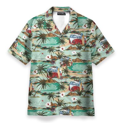 Hippie Bus And Surferboard On The Beach Hawaiian Shirt & Beach Shorts