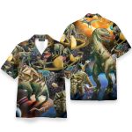Dinosaur In The Space Men'S Button'S Up Shirts Hawaiian Shirt