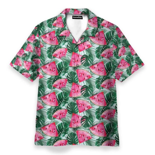 Watermelon In Tropical Green Leaves Hawaiian Shirt & Beach Shorts