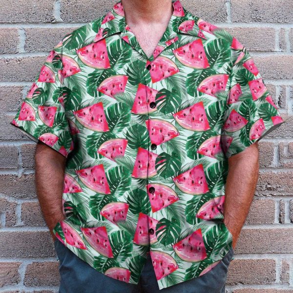 Watermelon In Tropical Green Leaves Hawaiian Shirt & Beach Shorts