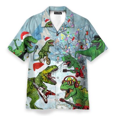 Dinosaur T-Rex Playing Guitar Merry Christmas Hawaiian Shirt
