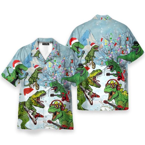 Dinosaur T-Rex Playing Guitar Merry Christmas Hawaiian Shirt