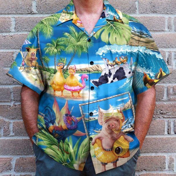 Stay Cool Duck Rooster Pig And Cow Animals Hawaiian Shirt