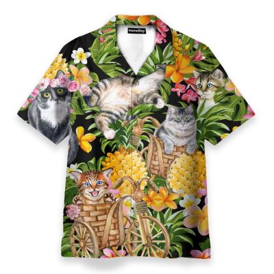 Adorable Cat Tropical Pineapple Pattern Hawaiian Shirt