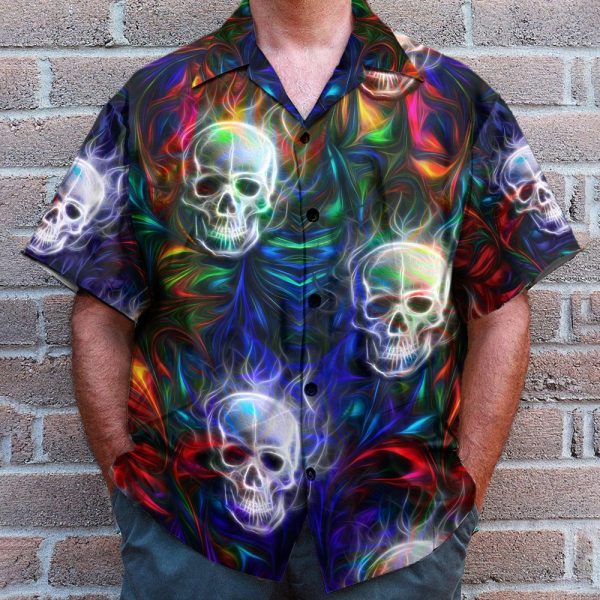Colorful Fractal Skull Neon Strip Pattern Hawaiian Shirt