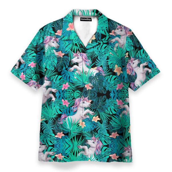 Unicorn In Tropical Green Leaves Hawaiian Shirt