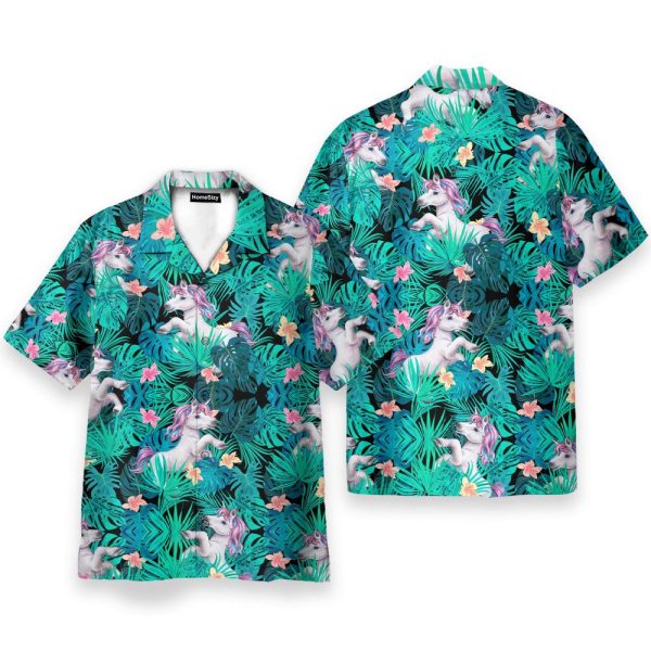 Unicorn In Tropical Green Leaves Hawaiian Shirt