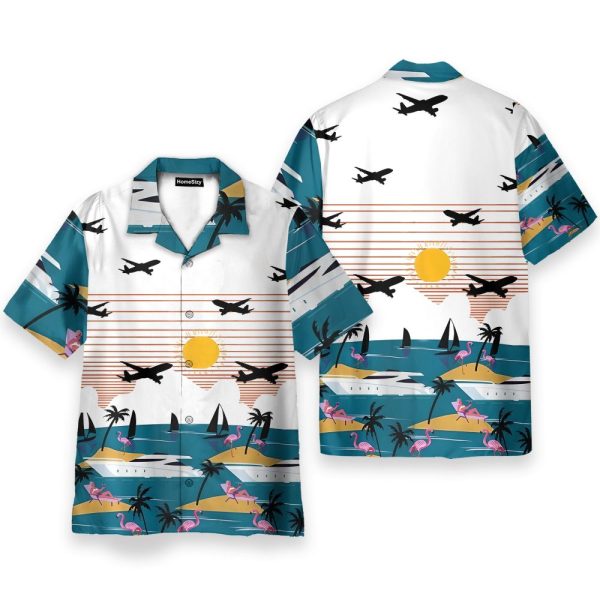 Summer Beach Flamingo And Planes Hawaiian Shirt