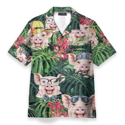 Funny Pig In Tropical Green Leaves Hawaiian Shirt
