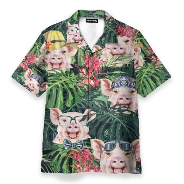 Funny Pig In Tropical Green Leaves Hawaiian Shirt