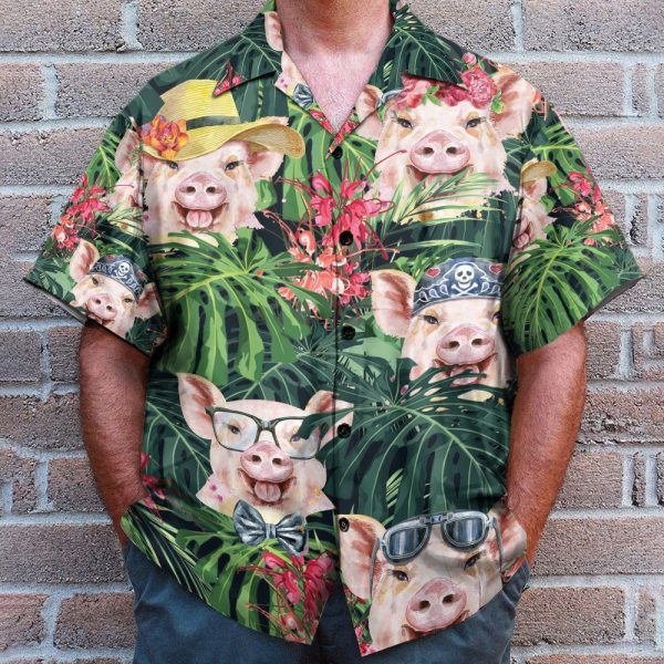 Funny Pig In Tropical Green Leaves Hawaiian Shirt