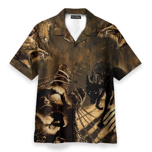 Scary Black Wolf Men'S Button'S Up Shirts Hawaiian Shirt