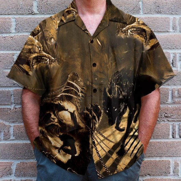 Scary Black Wolf Men'S Button'S Up Shirts Hawaiian Shirt