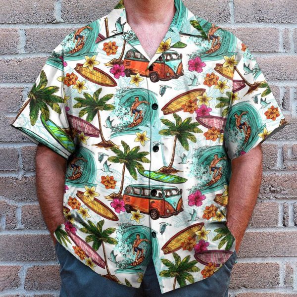 Surfing And Hippie Vans On The Beaches Hawaiian Shirt