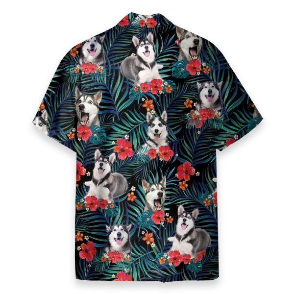 Funny Husky In Tropical Green Leaves Hawaiian Shirt