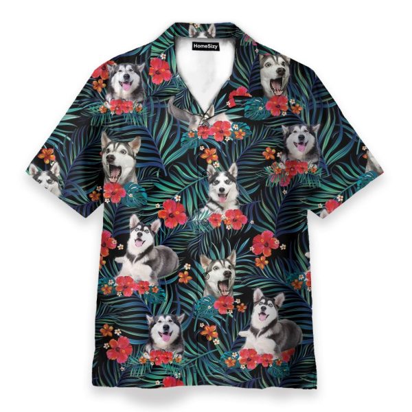 Funny Husky In Tropical Green Leaves Hawaiian Shirt