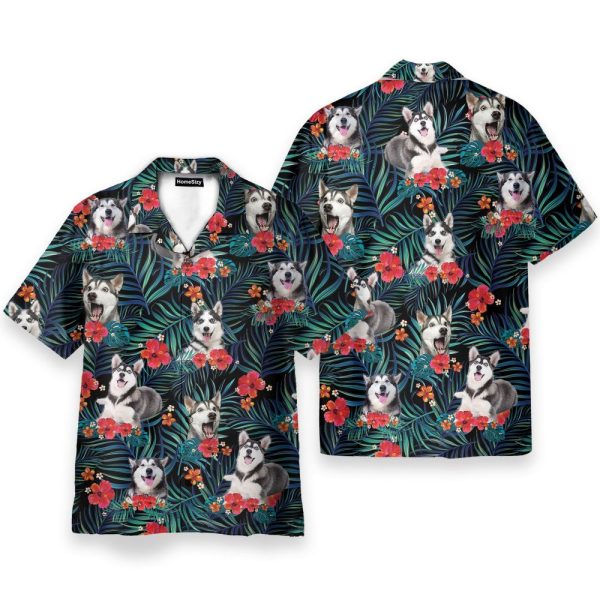 Funny Husky In Tropical Green Leaves Hawaiian Shirt
