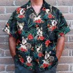 Funny Husky In Tropical Green Leaves Hawaiian Shirt