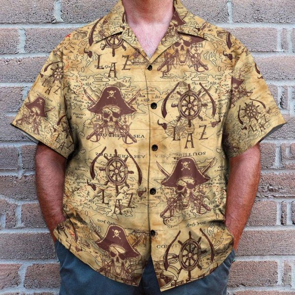 Pirate Skull Vintage Nautical Map Pattern Hawaiian Shirt & Beach Shorts