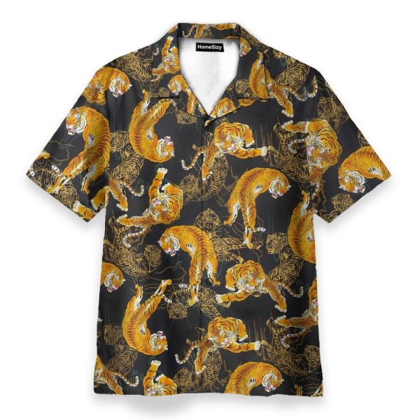 Tiger Fancy Black Japanese Style Hawaiian Shirt & Beach Shorts