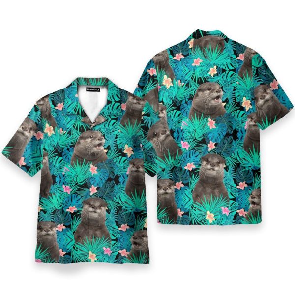 Otter In Tropical Green Leaves Hawaiian Shirt